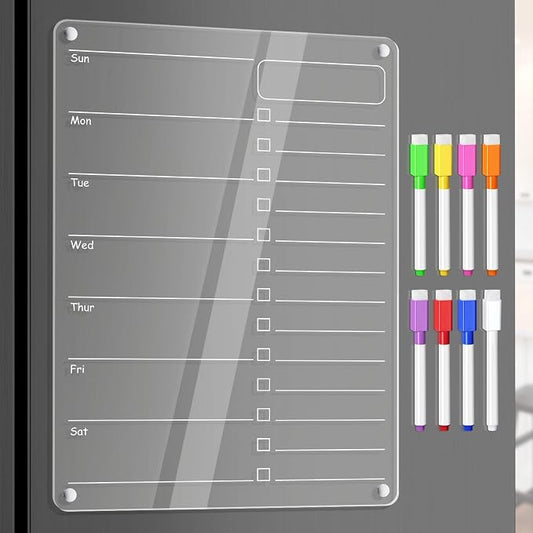 Acrylic Meal Planner Magnetic Menu Board for Kitchen Fridge Planning Board Grocery to Do List Shopping List w/ 8 Markers, Clear Weekly Calendar for Refrigerator Dry Erase Board, 12x9’’
