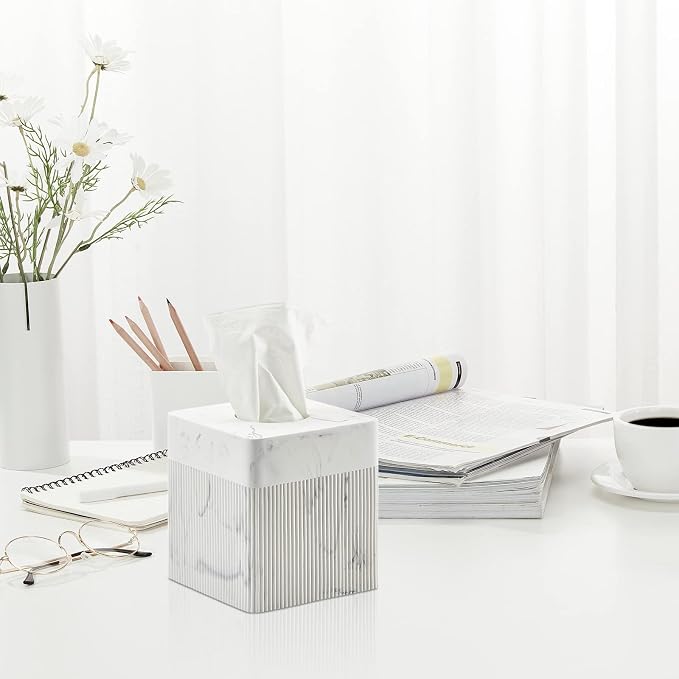 White Tissue Box Cover Square Resin Tissue Holder for Home Decor, Hand Poured Marble Ribbed Cube Tissue Box Holder – 5.5 Inch Heavy Duty Luxury Tissue Box Case for Bathroom, Living Room, Office