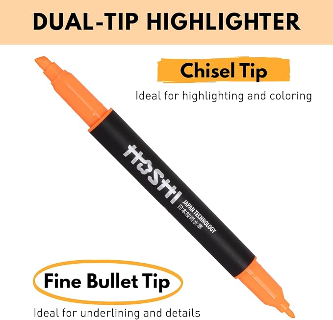 Hoshi 5PCs Premium Fluorescent Dual Tip Highlighters, Assorted Aesthetic Colors Highlighter Set, High Ink Capacity, No Bleed, Quick Dry for Arts, Craft Projects