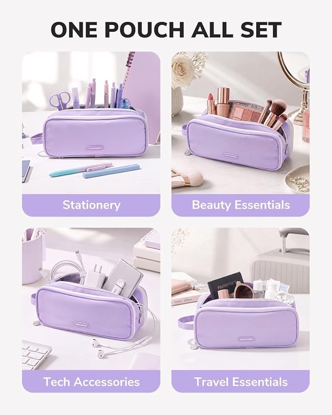Four Candies 3-Compartment Large Pencil Case Organizer Pouch | Large Pen Bag for Stationery & Office Multi-Purpose Organizer Makeup Bag Travel Bag with Handle (Purple)