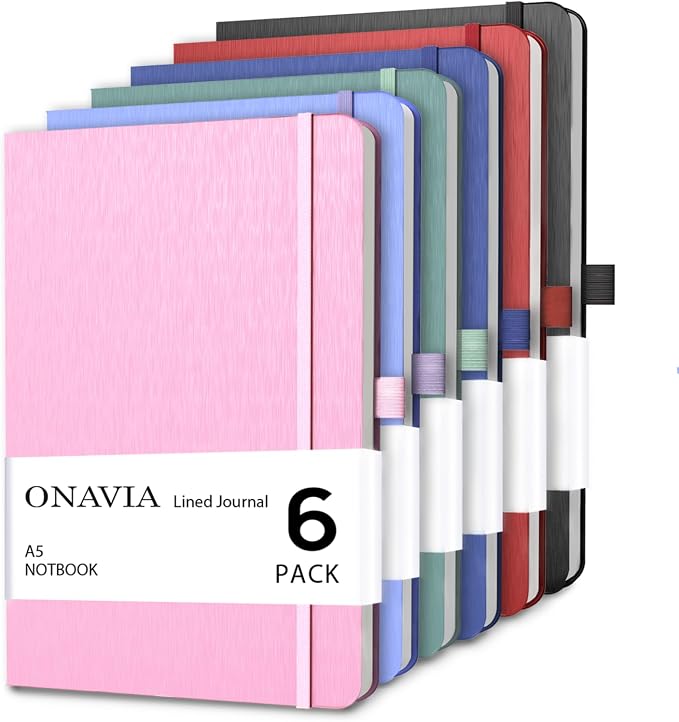 ONAVIA A5 Notebooks for Work, Lined Journal, 6 Pack, 160 Pages, Assorted | 80 Sheets, 5.8 x 8.3 in, Lay Flat, College Ruled, A5 Hardcover Journal, Lined Notebook for Work, School, Note Taking