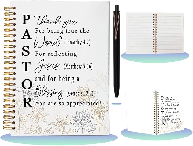 Pastor Appreciation Gifts for Men Women - A5 Spiral Notebook and Pen Set, Christian Religious Scripture Journal, Thank You Gifts for Ministers, Priests, Clergy, 80 Sheets College Ruled