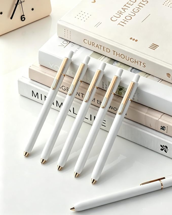 SUNEE Gel Pens, 6 Pack 0.5mm Pens Fine Point Smooth Writing Pens with Quick-Dry Black Ink, Cute Aesthetic School Office Note-Taking Pens for Journaling - White