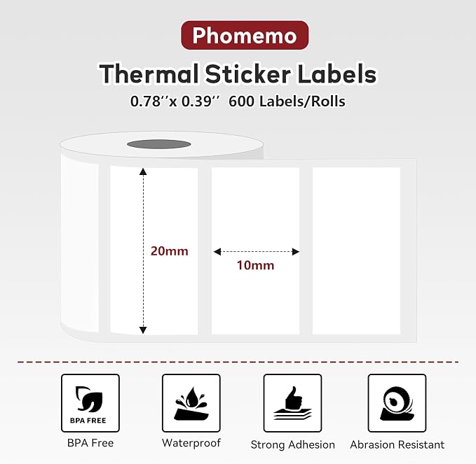 3 Rolls (1800Pcs) Thermal Labels, Phomemo 0.78'' x 0.39'' Stickers | Compatible with Phomemo M220 M110 M108 M250 M260 M221 M120 M200 M150 Label Maker, Black on White