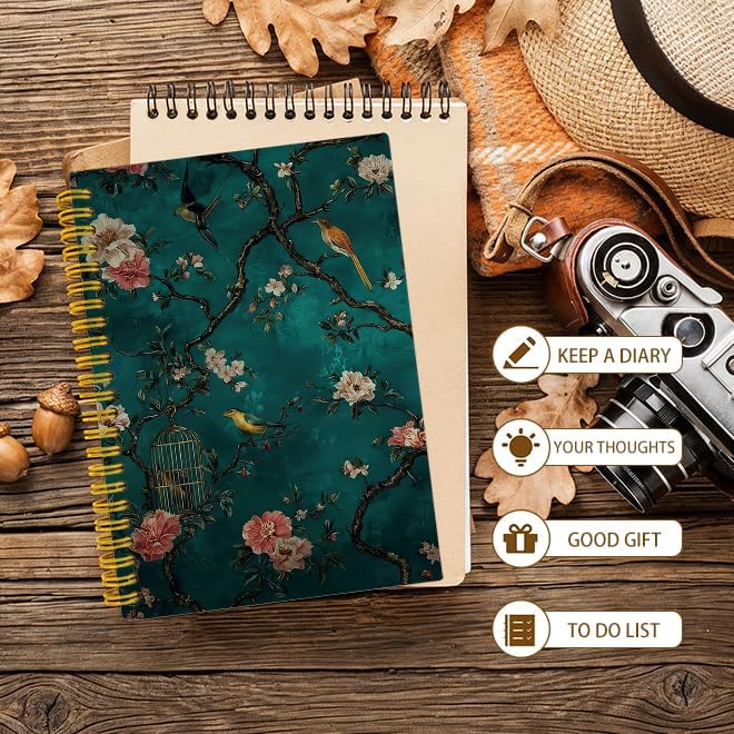Dark Teal Chinoiserie Floral Bird Spiral Notebook for Work Study, Vintage Oriental Traditional Nature Botanical Notebook Journal for Women Note Taking, 5.5x8.3 Inch