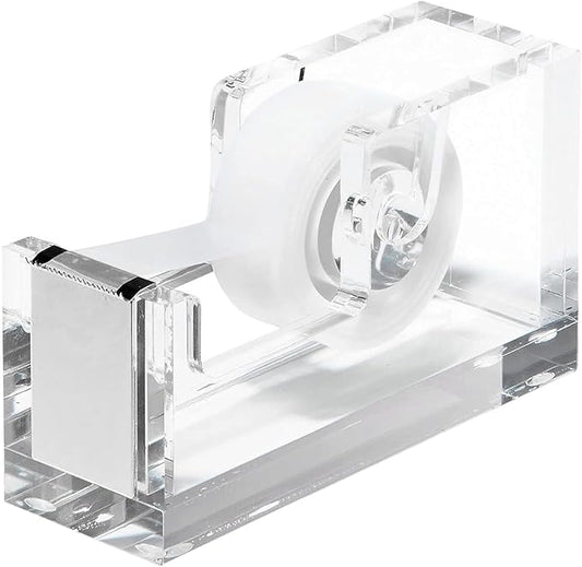 OfficeGoods Acrylic Tape Dispenser – Modern Desk Organizer for Office Supplies, Heavy Duty Refillable Tape Holder for Home and School Crafting, Stylish Desktop Accessory for Gift Wrapping, Silver
