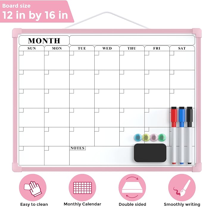 MaxGear Monthly Calendar Dry Erase Board for Wall, 16"x12", Pink Frame | Double-Sided, Hanging Small White Board, Portable Whiteboard for Planning, Drawing, Memo, to Do List, Home, Kitchen, Office