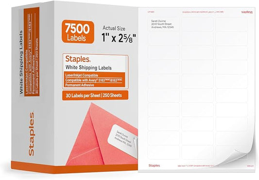 Staples 1" x 2-5/8" Address Labels, White – Easy-Peel Printable Laser & Inkjet Mailing Labels, 7,500 Labels (30 per Sheet)