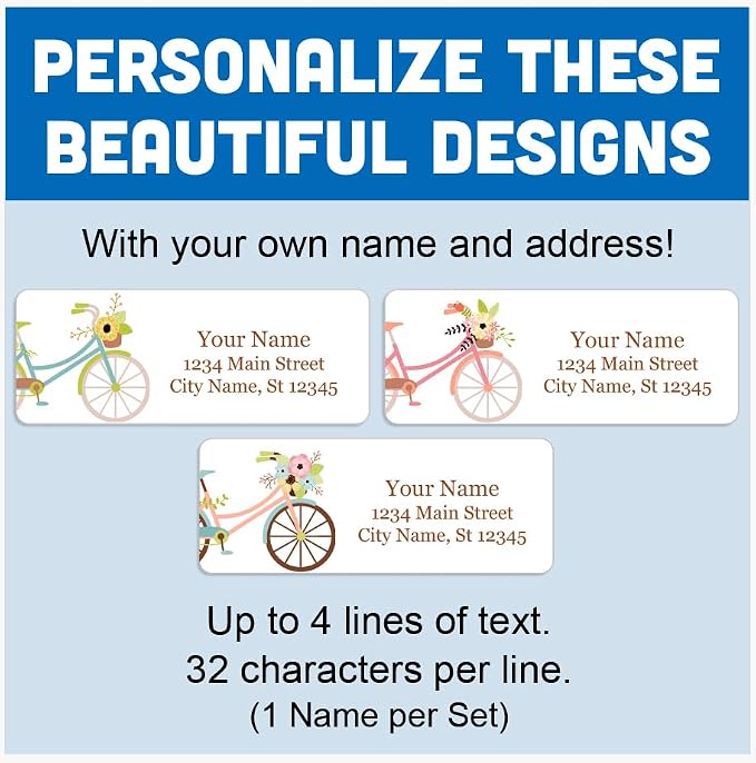 Personalized Return Address Labels - Charming Bicycles with Flowers - 60-1000 Custom Self-Adhesive Stickers