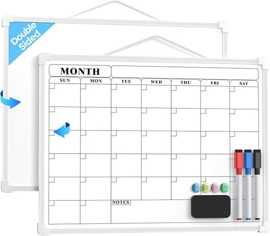MaxGear Monthly Calendar Dry Erase Board for Wall, 16"x12", White Frame | Double-Sided, Hanging Small White Board, Portable Whiteboard for Planning, Drawing, Memo, to Do List, Home, Kitchen, Office