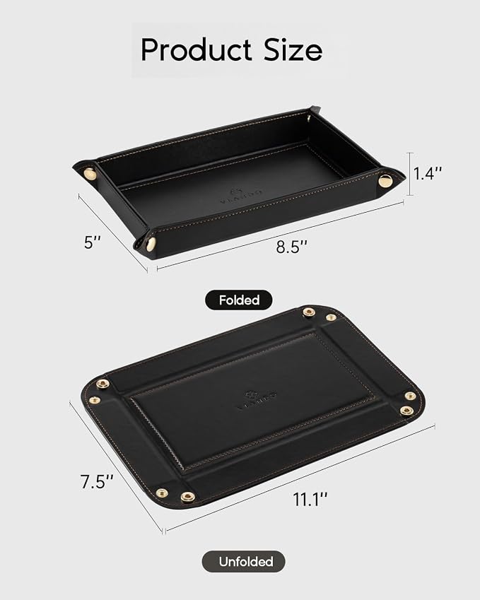 VLANDO Valet Tray for Men, Foldable PU Leather Catchall Tray, Black | Travel Valet Tray for Keys, Wallet, Watch, Phone and Glasses, Nightstand Dresser Desk Entryway Organizer for Men and Women