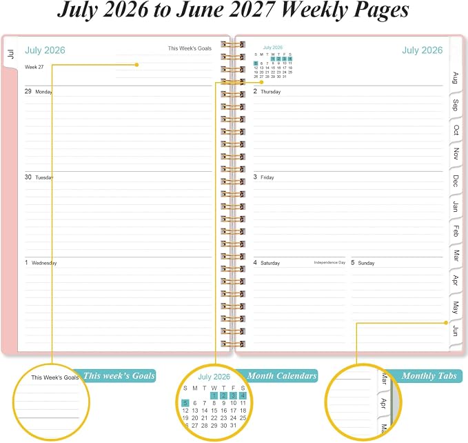 2026-2027 Planner - Planner 2026-2027 from July 2026 - June 2027, Weekly & Monthly Planner Spiral Bound with 12 Monthly Tabs, Inner Pocket, 6.4" x 8.5", Pink-E