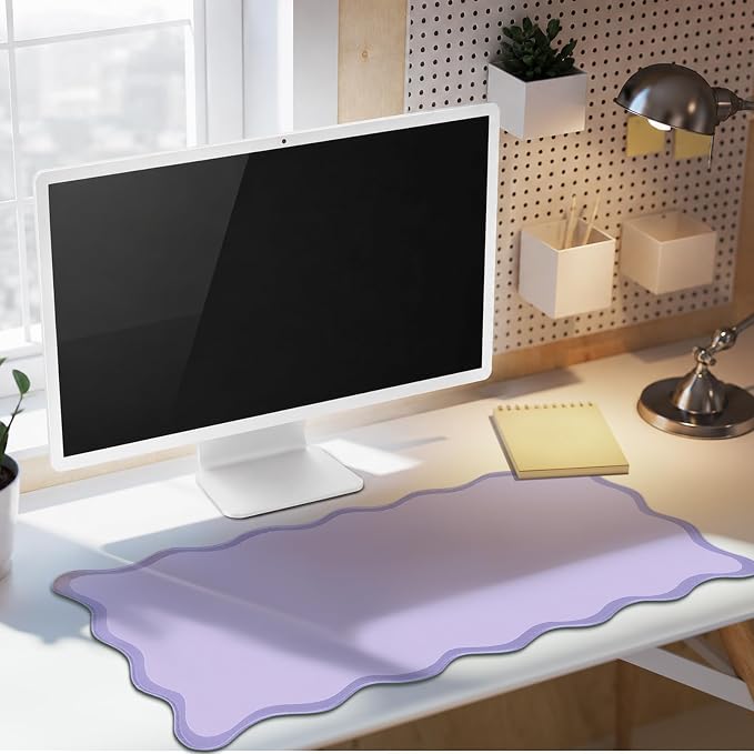 Hahafelt Scalloped Desk Mat Large Desk Pad Cute Coquette Table Mat Back to School Preppy Table Make up Pad Nonslip Graduation Gift with Stitching Waterproof Gaming(Purple,31.5 x 15.8 Inches)