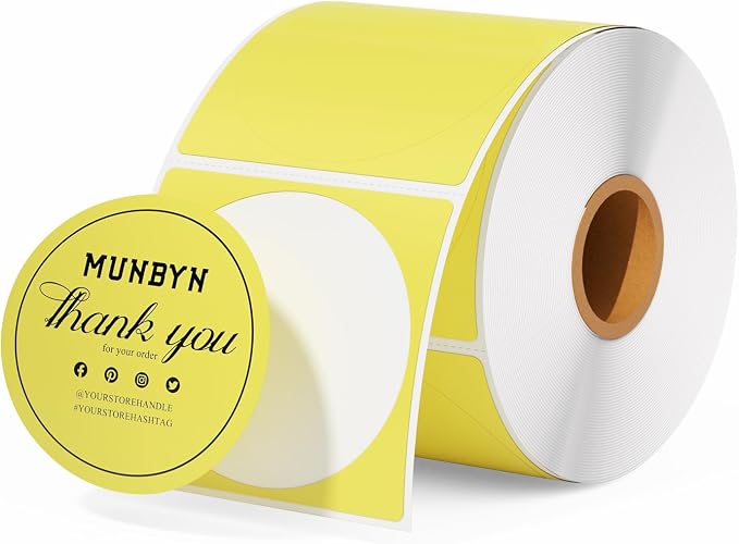 MUNBYN 2 Inch Circle Yellow Thermal Sticker Labels, Multi-Purpose Self-Adhesive Round Direct Thermal Labels for Business, 750 Sheets/1 Roll