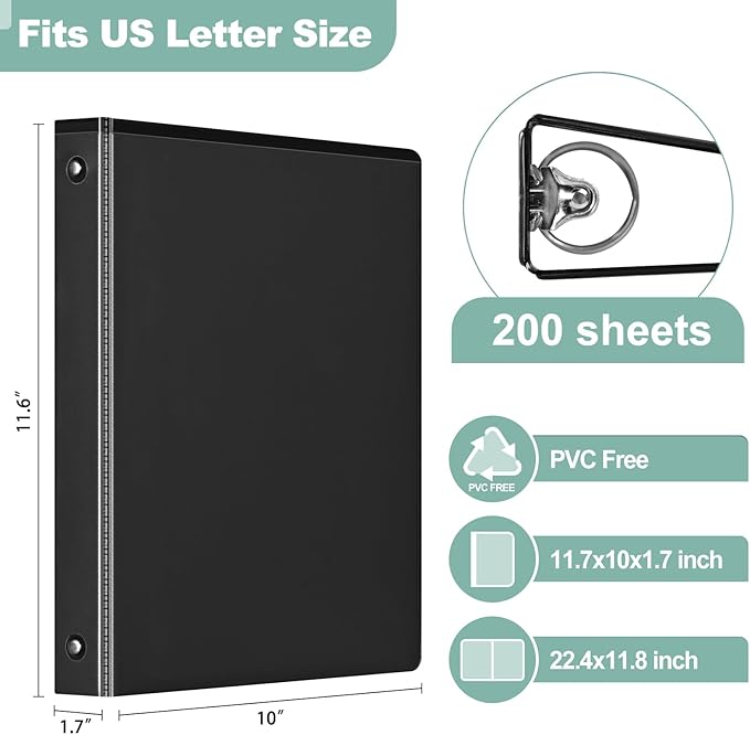 SUIN Basic 1-Inch 3-Ring-Binder, Customizable Clear View Cover, for US Letter Size 8-1/2 x 11'', Perfect for Office/School (Black - 48 Packs)