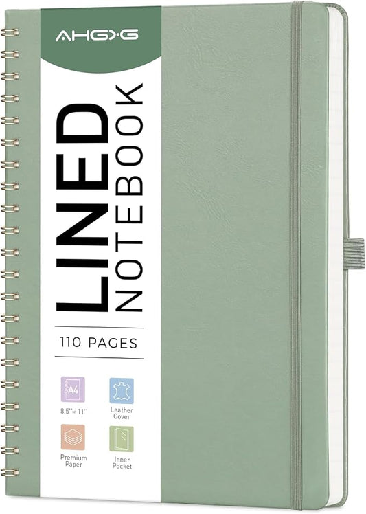 AHGXG Lined Spiral Journal Notebook, 110 Pages, A4 (8.5" x 11") | Journals for Women, Hardcover Leather Notebook College Ruled, 100 GSM Paper, for Work School Note Taking (Sage Green)