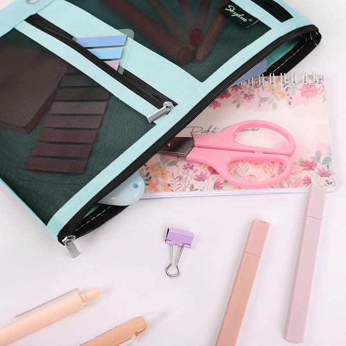 SKYDUE 3 Ring Pencil Pouch for Binder, Zipper Binder Pencil Pouch with 3 Pockets and Mesh Window, Durable Organizer for School Supplies, Cables, Earbuds, Makeup