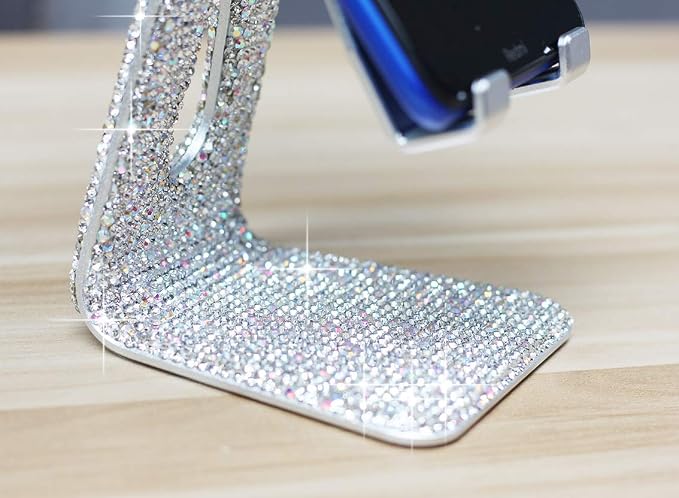 SZ Bling Rhinestone Crystal Adjustable Cell Phone Stand, Phone Holder for Desk, Phone Desktop Holder Stand Compatible with iPhone IPAD Samsung Smart (Silver)