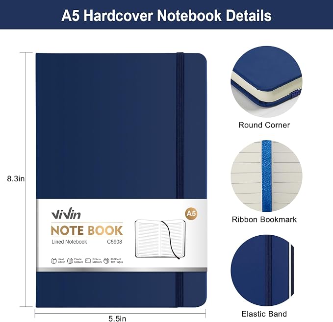 ViVin Lined Journal Notebooks,3 Pack,192 Pages,Medium 5.5 x 8.3 inch,College Ruled,A5 Hardcover Notebooks,Journaling Notebooks for Professional Office Work,Writing, School