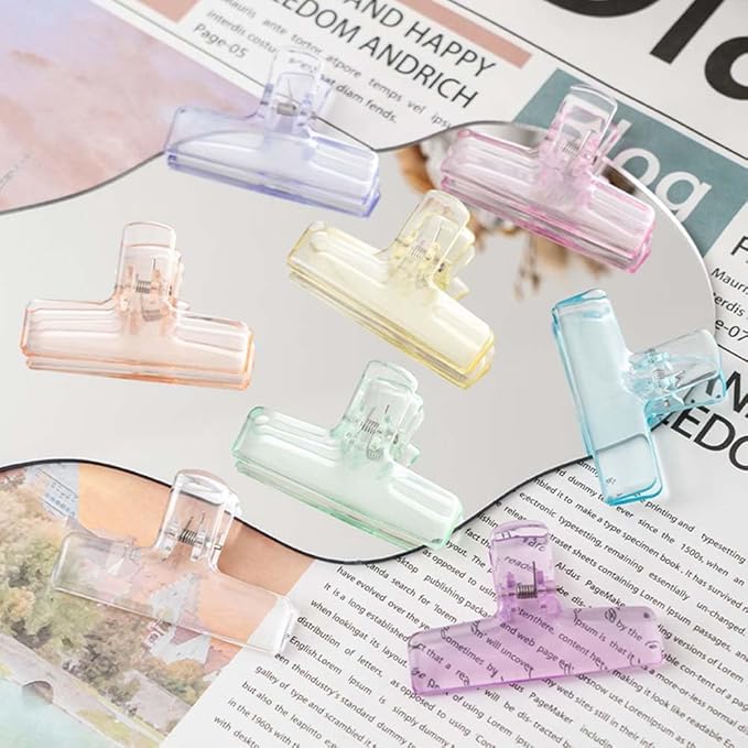 OWLFAVO 16 Pcs Clear Binder Clips, Plastic Bag Clip, Acrylic Paper Photo Food Clamps, Wide Mouth Seal Clamp, Transparent Air Tight Sealing Binders for School, Office and Kitchen Storage, 8 Colors