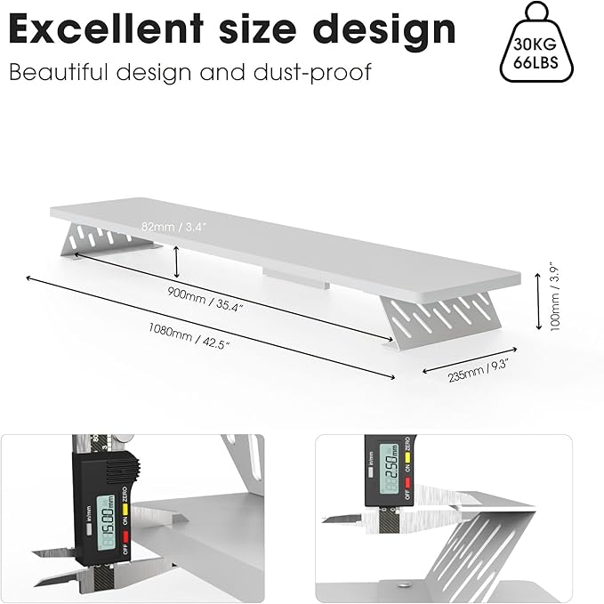 Fenge Monitor Stand Riser, Wooden & Metal Desk Shelf Organizer, White | 42.5 Inch Dual Monitor Riser for 2 Monitors, Multifunctional Monitor Shelf for Laptop, PC, Printer