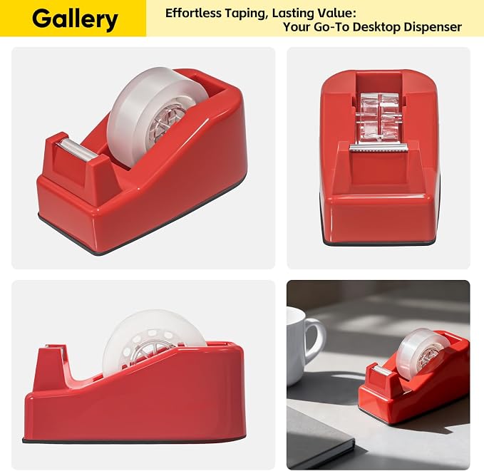 Desktop Office Tape Dispenser, Fits Standard 1-Inch Core Tapes, Weighted Non-Slip Base, Sharp Metal Blade, Smooth Cutting, Adhesive Roll Holder for Office, School, Shop, Home & Business - Red