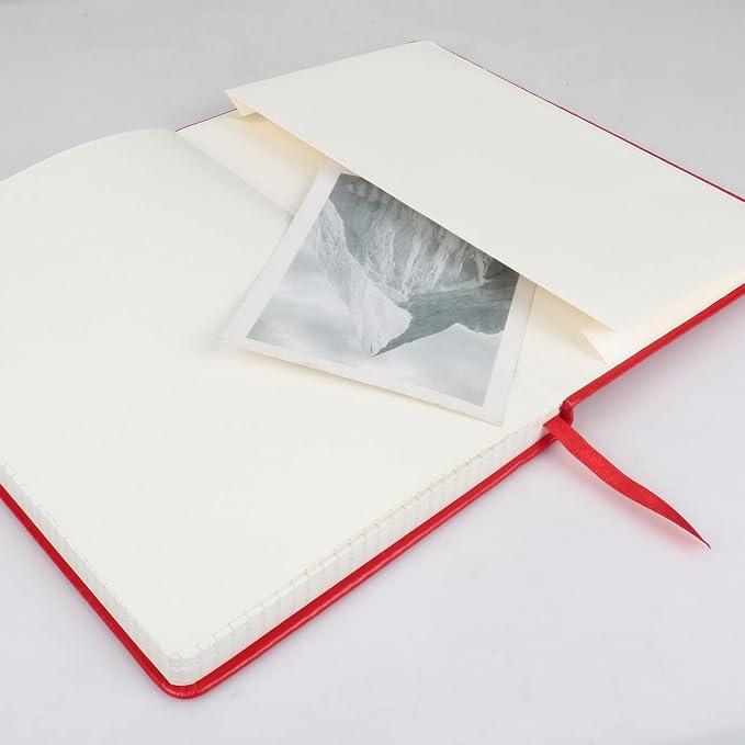 Grid Journal Bullet Notebook - Red Leather Cover, 8.3 x 5.7Inch, 160 Pages, 100gsm Paper, Hardcover with Inner Pocket, Elastic Closure and Ribbon Bookmark, Great for Women and Men