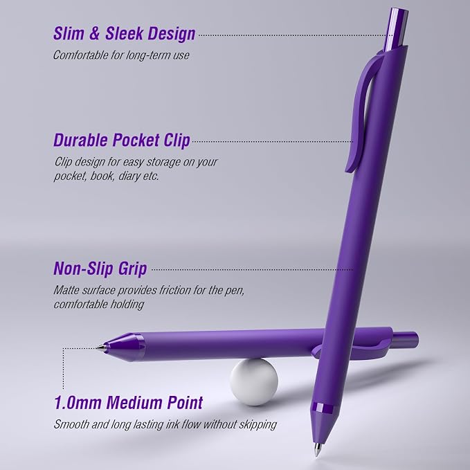 50 Pack Purple Ink Pens - Bulk Pens, 1.0MM Medium Point Ballpoint Pens, Smooth Writing No Bleed Retractable Ball Point Pen (Purple)