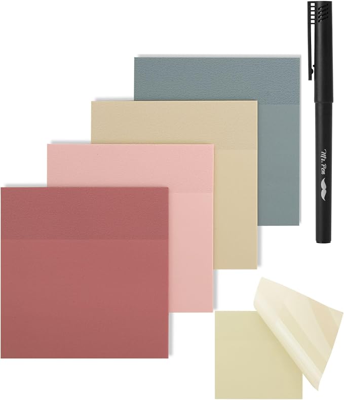 Mr. Pen- Transparent Sticky Notes, 3" x 3", 4 Pads, 200 Sheets | Vintage Colors, See Through Self-Adhesive Notes with Fineliner for Bible Journaling and Studying, Water-Resistant