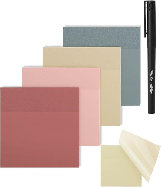 Mr. Pen- Transparent Sticky Notes, 3" x 3", 4 Pads, 200 Sheets | Vintage Colors, See Through Self-Adhesive Notes with Fineliner for Bible Journaling and Studying, Water-Resistant