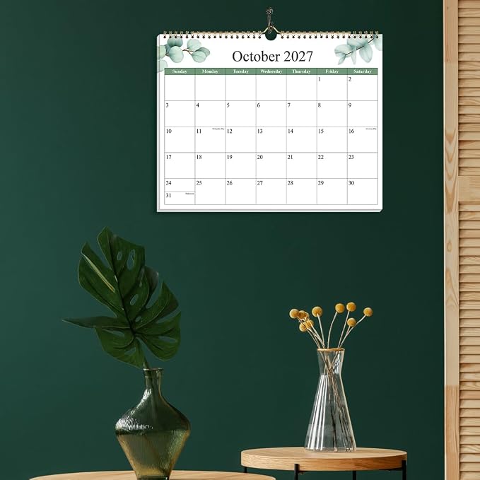 2026-2027 Calendar - Calendar 2026-2027 from July 2026 - December 2027, 19 Months Calendar with Premium Paper, Twin-Wire Binding & Hanging Hook, 12" x 14.5", Green Leaf