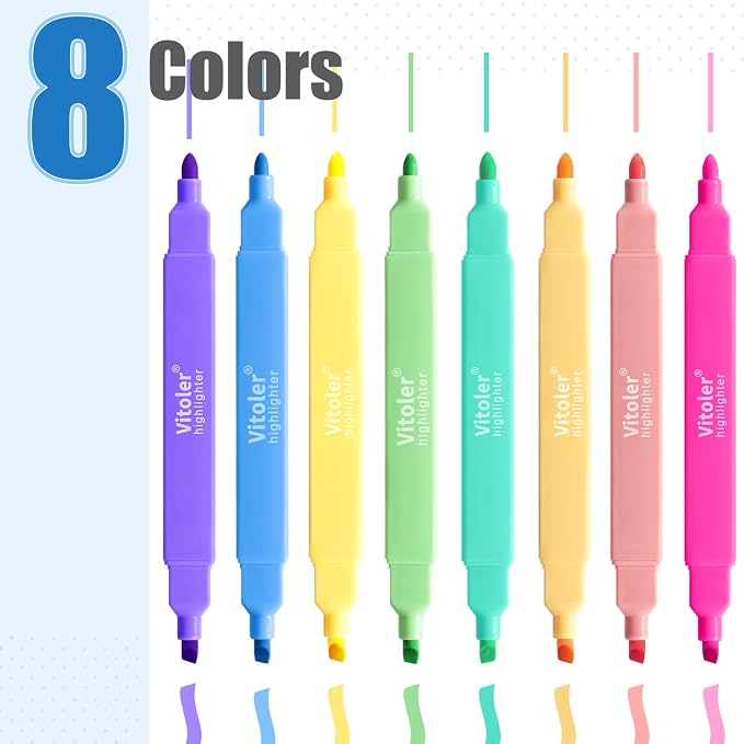 Vitoler Highlighters Assorted Colors, 8 Pack Dual Tip Pastel Highlighters | For teachers, For nurses, For women, For bibles, For markers, Aesthetic, For journaling, For office, For School Supplies