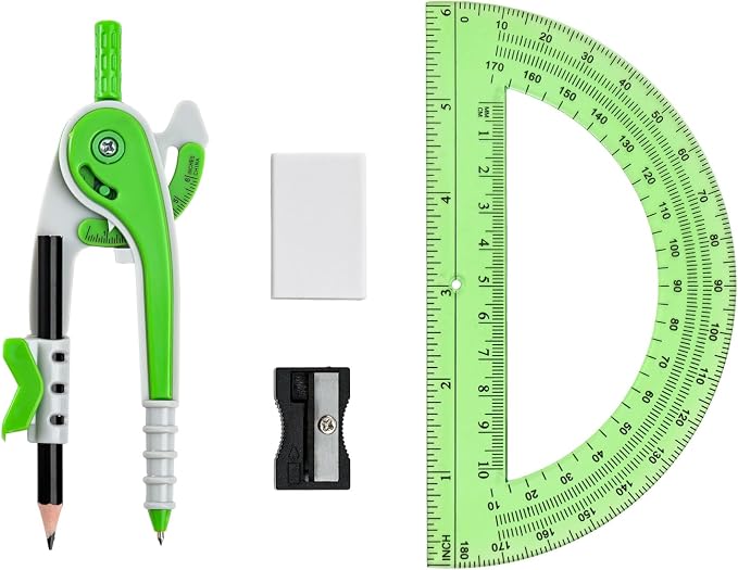 Vobou Compass for Geometry Set, 6 Inch Protractor, Clear Plastic (Green) | 6 Inch Compass, Sharpener and Eraser, Easy Grip, Drafting Tool for Scool, Art, Drawing Precision Design for Math