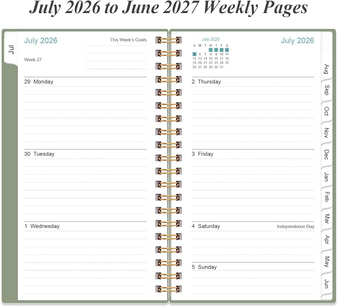 2026-2027 Pocket Planner/Calendar - 2026-2027 Planner from July 2026 - June 2027, Planner 26-27 with 12 Tabs, Twin-Wire Binding, Inner Pocket, 3.75" x 6.75, Green