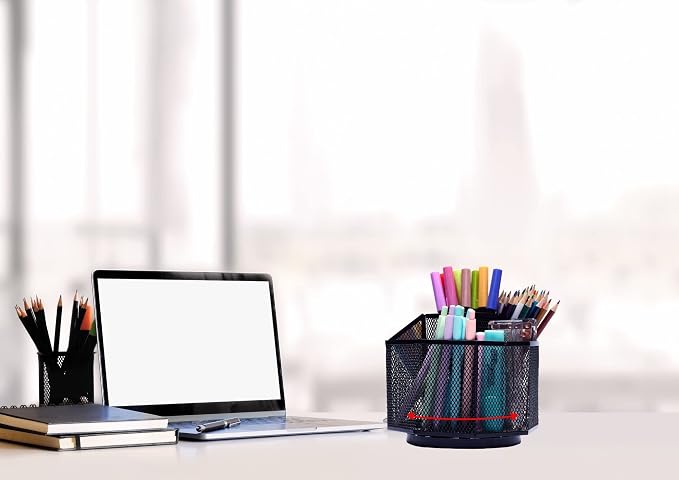 Exerz Desk Organizer 360 Rotating Pen Holder 5 Compartments Caddy Black | Smooth Spinning Base with Open Mesh Sections Easy Access to Pens Brushes Scissors Daily Desk Tools