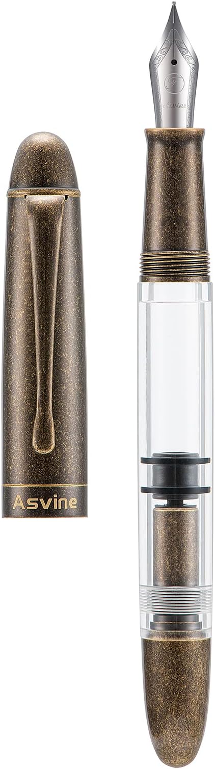 Asvine P30 Piston Fountain Pen Medium Nib, Retro Brass Style, Transparent Acrylic Large Ink Capacity Writing Gift Box