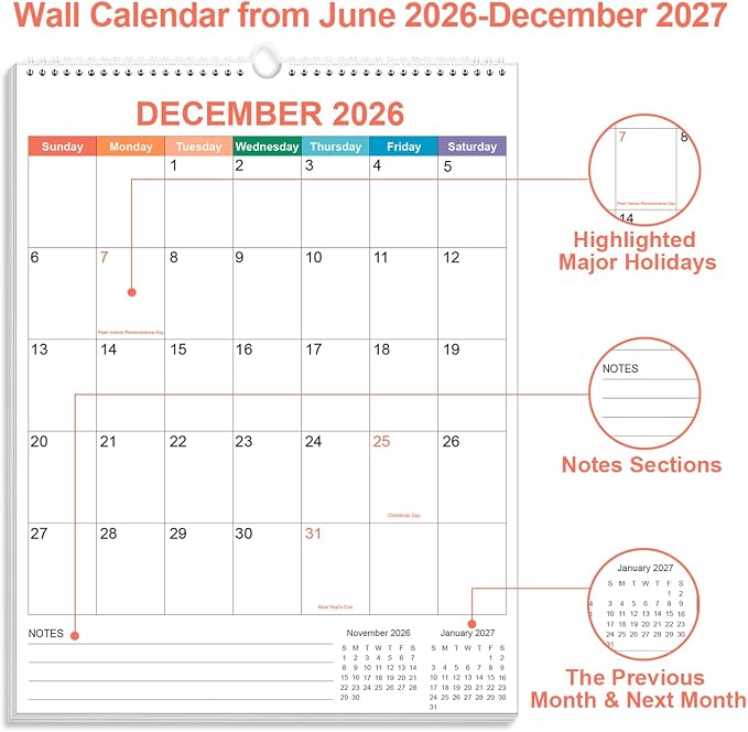 2026-2027 Calendar - Wall Calendar 2026-2027 from July 2026 - December 2027, 18 Months Calendar with Twin-Wire Binding & Hanging Hook, 8.5" x 11", Vertical Calendar, Colorful