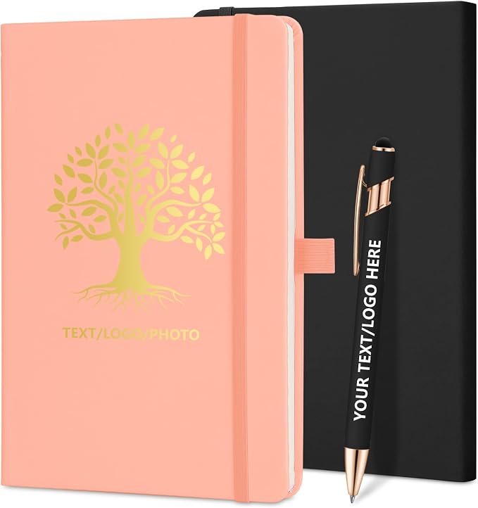 ENOMY Personalized Notebook 10 PC Pens Custom Notebook with Pen Holder Personalized Journal Strap Design for Men Women Ideal Gift, Pink