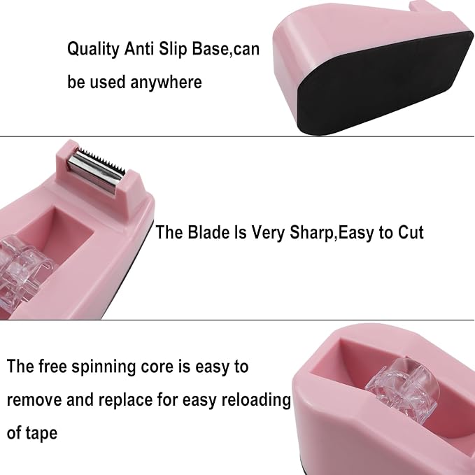 1Pcs Desktop Tape Dispenser,Adhesive Roll Holder with Weighted Nonskid Base,Office Tape Dispensers for School, Office and Home (Pink)