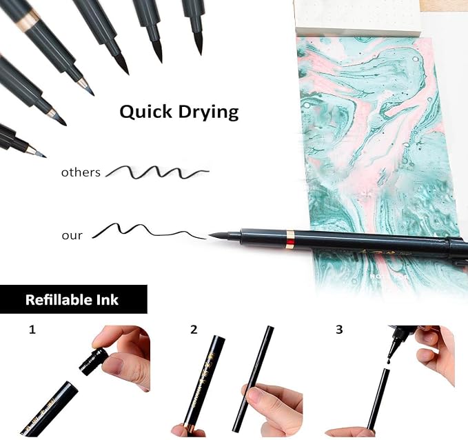 Hand Lettering Calligraphy Pens Brush Marker 4 Size Refillable 6pc | Writing, Painting, Drawing, Pack of 6 Black
