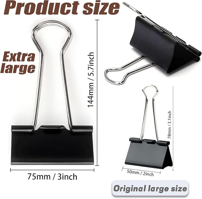 3 Inch Jumbo Binder Clips(36 Pack), Extra Large Binder Clip | Heavy Duty Paper Clamps for Office and Home Supplies, Black