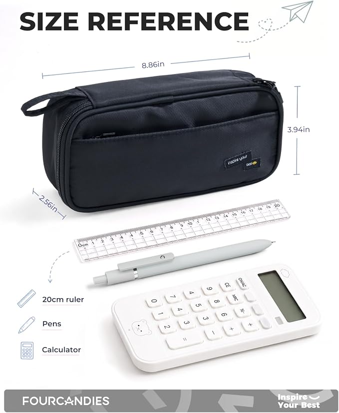 Four Candies Large Pencil Case, 5 Compartments Pen Organizer, Big Capacity Canvas Pencil Pouch Bag for School Supplies, Portable Stationery Holder for Teen Girls, Women (Black)