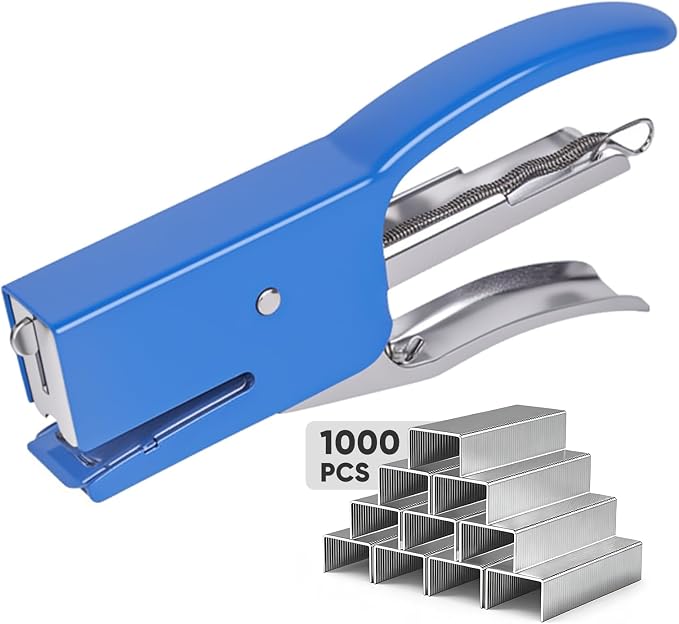 Heavy-Duty Handheld Plier Stapler with 1000 Standard 1/4" Staples, All-Metal Ergonomic Easy Grip Stapler, Smooth Jam-Free for Office, School, Home, Classroom Supplies, Documents, Receipts – Blue
