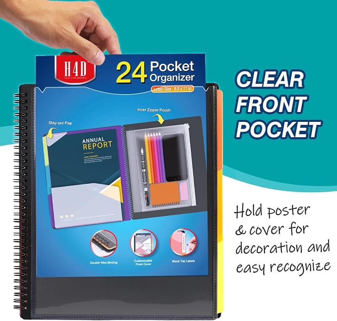 H4D 24 Pocket Poly Project Organizer, Multi Pocket Folder, Primary Colors | Spiral, Multi-Subject, Folder Notebook, Letter Size