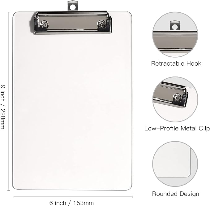 Hongri Plastic Small Clipboard, Clear A5 Memo Size Clip Board (Pack of 6) | Mini Size 6 x 9 in for Students, Teacher, Women, Office & School Supplies