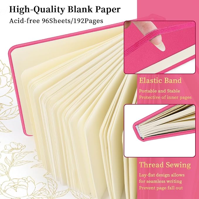 5x5" Pocket Sketch Book,80gsm Hardcover Art Sketchbook for Drawing Journal | PU Cover,Blank Paper,96Sheets/192Pages,Lay-Flat,Portable Travel Creation Paint Diary Memo Planner,Dry Media.Rose Pink
