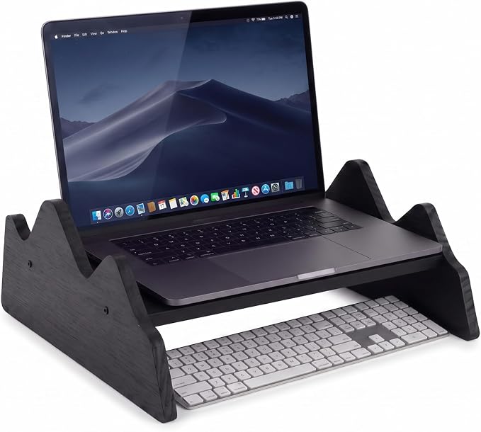Wenqik Solid Pine Wood Laptop Riser, 14.2" Wooden Laptop Stand for Desk, Monitor Shelf with Keyboard Storage, Minimalist Desktop Organizer for Dorm Room, Home Office, Black(Mountains Design)