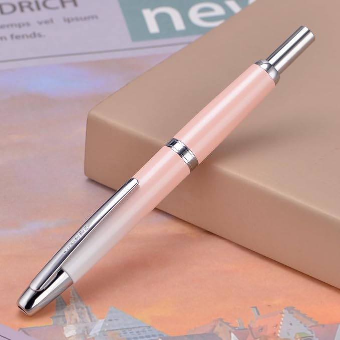 Jinhao 10 Press Fountain Pen with Box, Gradient Peach Pink Retractable Medium Nib with Ink Converter Set (Silver Clip)
