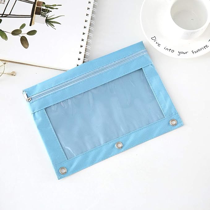 Zippered Pen Pencil Binder Pouch | 3 Rings with Clear Window for School Classroom Organizers 8 Pcs (Light Blue)