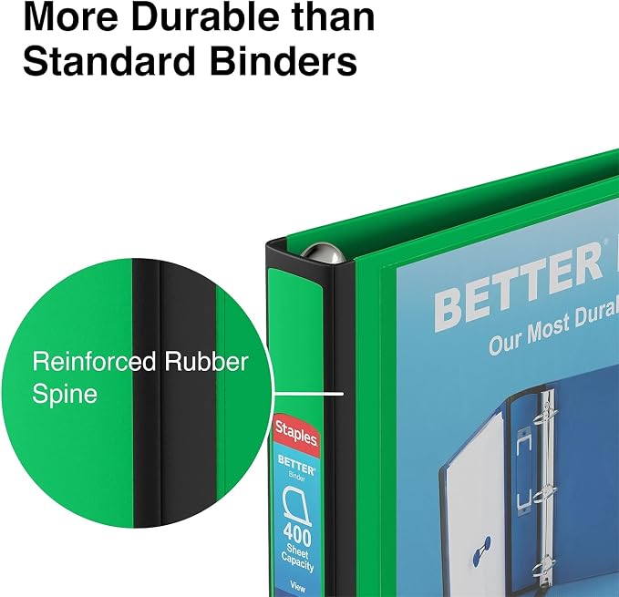 Staples Better 1.5-Inch 3-Ring Binder, Green – Heavy-Duty Binder for School & Office Organization